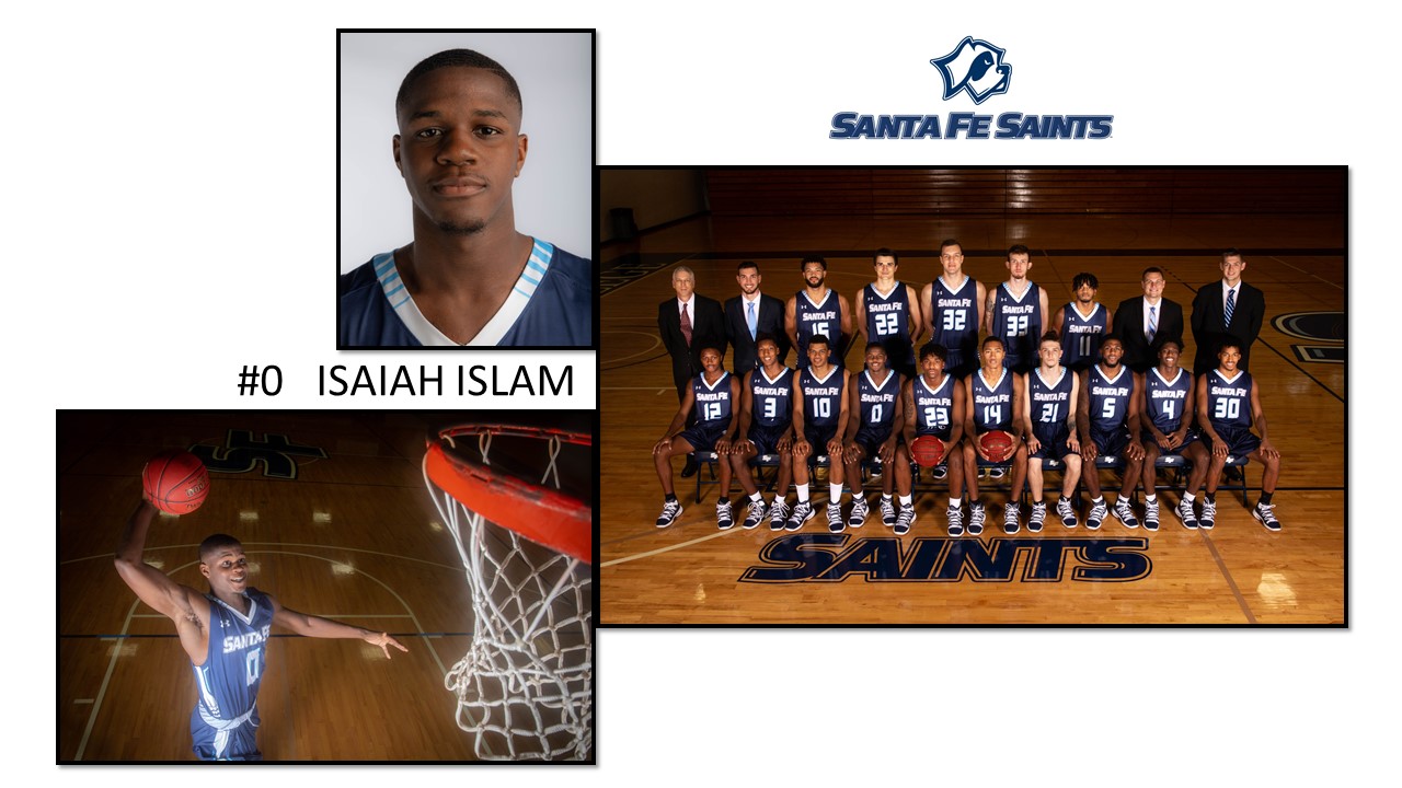 photos of Isaiah Islam and team photo of Saints basketball