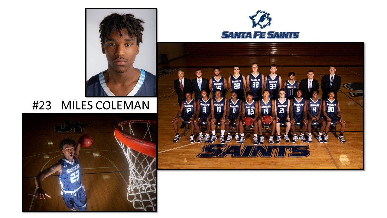 photos of Miles Coleman and team photo of Saints basketball