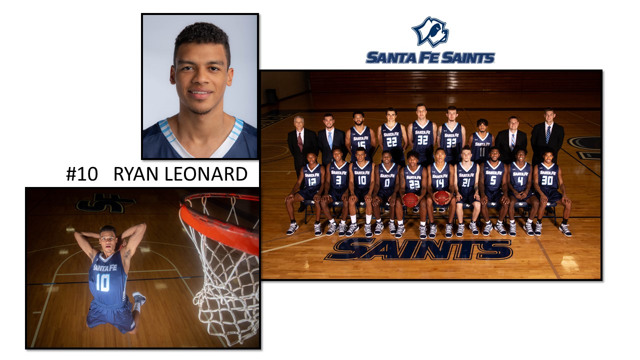 photos of Ryan Leonard and team photo of Saints basketball
